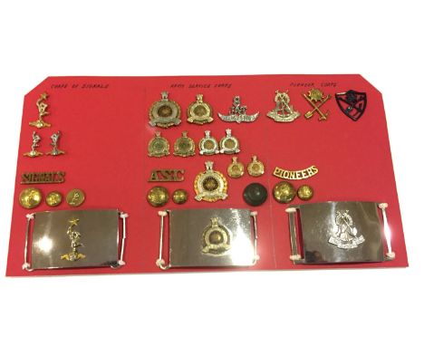 Indian Army post Independence. Signals and Army Service Corps and Pioneer Corps Insignia. Carded display of the three units i