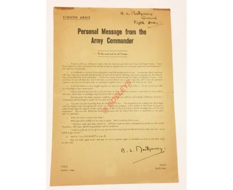 January 1944 Monty’s Personal Message to His 8th Army Signed Leaflet. This leaflet informs the 8th Army of Monty’s orders to 