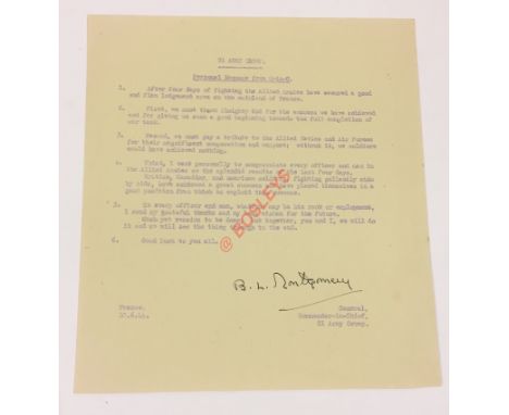 June 1944  Monty’s Personal Message to His 21st Army Group Signed Typed Transcript. This is the original typed transcript of 
