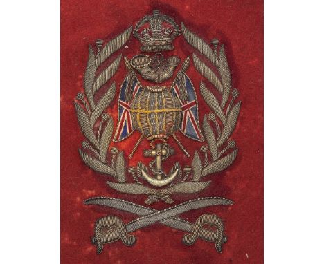 Royal Marine Light Infantry Colour Sergeant’s rank badge circa 1902-23. A good example of scarlet cloth embroidered with bull