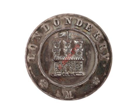 Irish. Londonderry Militia Georgian Officer’s silvered closed-back coatee button. Fine example by Jennens & Co. London. Castl