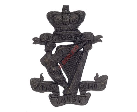 Royal Irish Rifles, Victorian OR’s glengarry badge circa 1881-96. Die-stamped blackened brass crowned scroll “Quis Separabit”