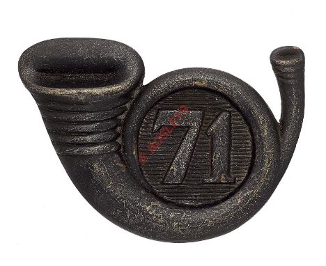 Badge. 71st (Highland) (Light Infantry) Victorian OR’s pouch badge pre 1881. A good  scarce cast curled bugle horn with “71” 