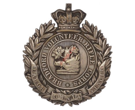Badge. Bradford Volunteer Rifle Corps Victorian Officer’s pouch belt plate circa 1860. A fine scarce die-stamped silvered exa