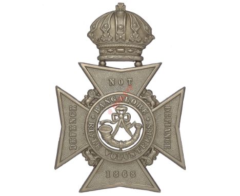 Badge. Indian Army. Bangalore Volunteer Rifles Victorian helmet plate. Good British made die-stamped white metal example. Mal