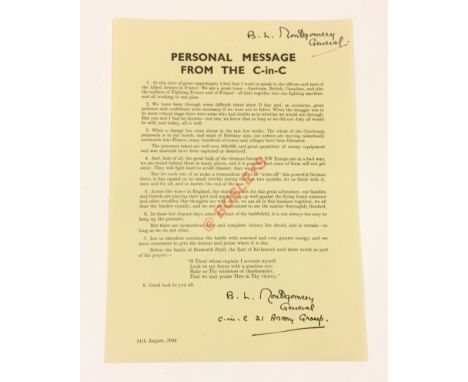 11th August 1944  Monty’s Personal Message to His Army Group Signed Leaflet. This leaflet as C-in-C updates the Allied Army o
