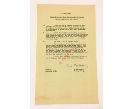 February 1945  Monty’s Personal Message to His 21st Army Group Signed Typed Transcript. This is the original typed transcript