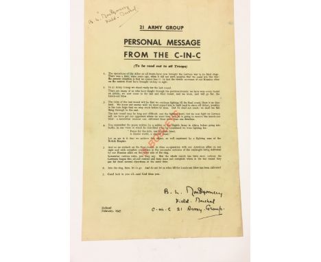 February 1945  Monty’s Personal Message to His 21st Army Group Signed Leaflet. This leaflet informs the 21st Army Group is mo
