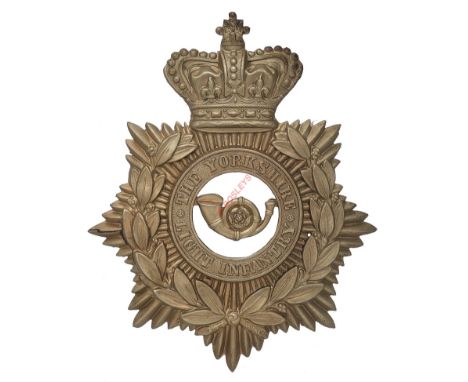 Badge. The King’s Own (Yorkshire Light Infantry) KOYLI VB's, Victorian OR’s helmet plate circa 1888-1901. Die-stamped white m