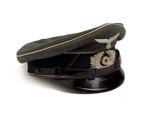 German Third Reich Infantry NCO’s cap. A good field grey example with white piping to the crown welt and both sides of the da