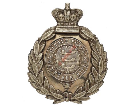 Badge. Cinque Ports Volunteer Rifles Victorian Officer’s pouch belt plate. A fine die-stamped silvered first pattern example.