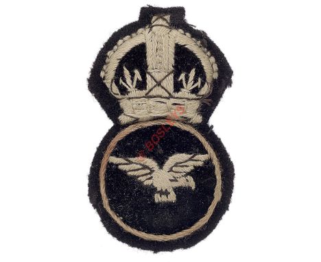 Womens Royal Air Force 1918 embroidered cap badge. A scarce padded example of white cotton embroidered crowned ring with cent