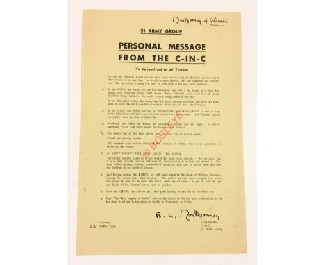 March 1945  Monty’s Personal Message to His 21st Army Group Signed Leaflet. This leaflet informs the 21st Army Group on event