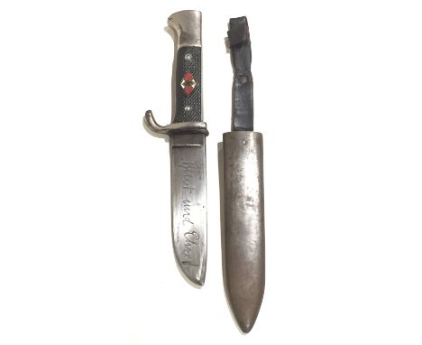 German Third Reich Hitler Youth Knife by WKC Solingen 1936. An example with the blade reverse bearing knight’s helm logo, RZM