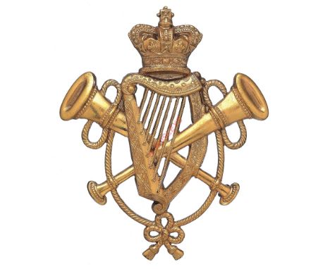 British Army Victorian Bandsman's arm badge. Splendid die-stamped rich gilt large crowned harp and crossed trumpets. Five loo