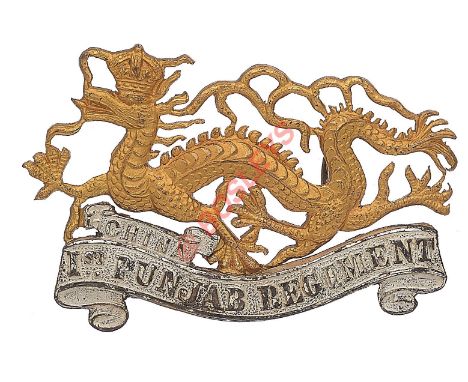 Indian Army. 1st Punjab Regiment post 1922 Officer’s cap badge. Die-cast gilt dragon resting on silver scroll inscribed “1st 