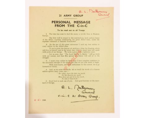 June 1944 Monty’s Personal Message to His 21st Army Group Signed Leaflet. This leaflet informs the 21st Army Group the time h