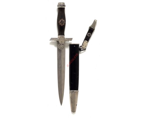 German Third Reich 2nd pattern RLB dagger and hanger. A good scarce nickel plated example adopted in 1938. Black turned eboni