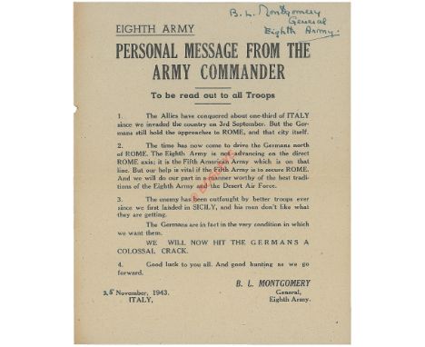 November 1943 Monty’s Personal Message to His 8th Army Signed Leaflet. This leaflet informs the 8th Army that it has conquere