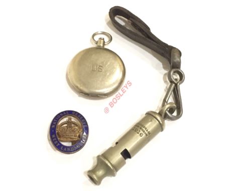 1916 Whistle, West Lancashire Reserve lapel and WWI US compass. 1916 dated whistle by Hudson with belt loop ... enamelled ova
