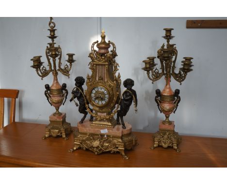 Large & heavy brass/marble garniture mantle clock with key Height 60 cm
