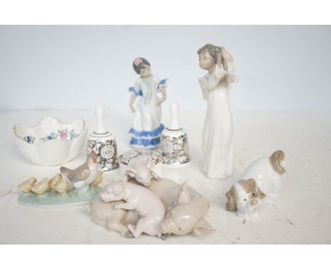 Nao figure, 2 Wedgwood bells, Lladro group pig figure, Lladro figure of a girl, Nao dog, Nao chickens & hens & others 