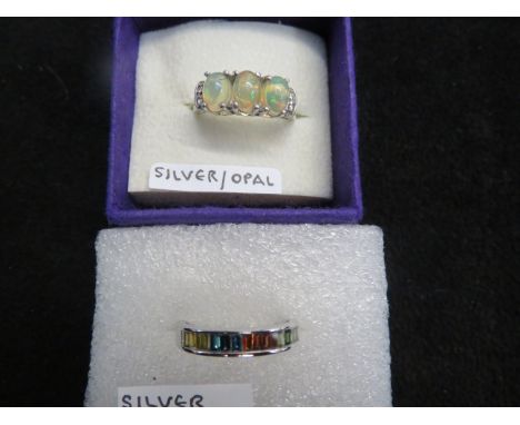 2x Silver rings, multi gem &amp; 1 possibly opal?