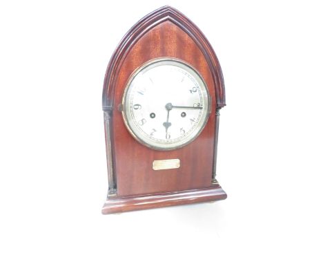 Mahogany domed mantle clock 'Preston's of Bolton' with presentation plaque June 1923