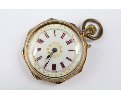 A Lady's 14ct Gold Self-Winding Open Faced Pocket Watch, case nr 111602, the watch having white enamel face with red Roman nu