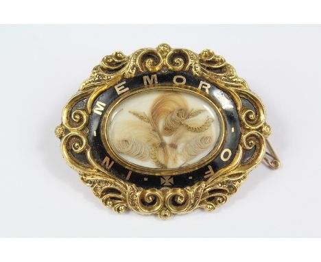 Antique 9ct Gold and Black Enamel Mourning Brooch, inscribed 'In Memory Of' 1862, approx 50 x 40 mm, approx 23 gms.