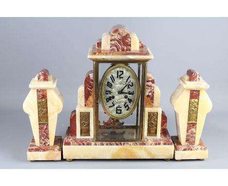 Comptoir Cardinet Paris Art Deco Mantel Clock and Garniture, the rose and ivory marble clock has a mother of pearl face with 