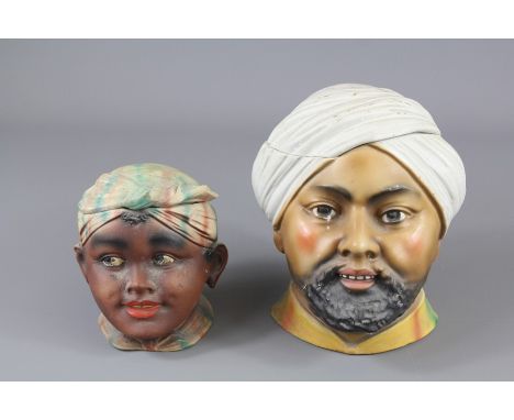Two Lidded Ceramic Jam Pots; the pots depicting turbaned young lad approx 10 x 10 cms, the other a turbaned bearded man, appr