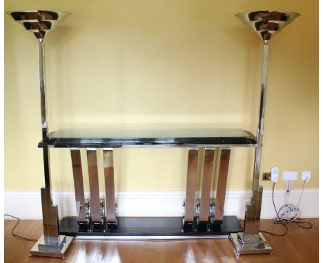 An Art Deco-style Chrome and Black Console Table, approx 180 w x 40 d x 88 h.