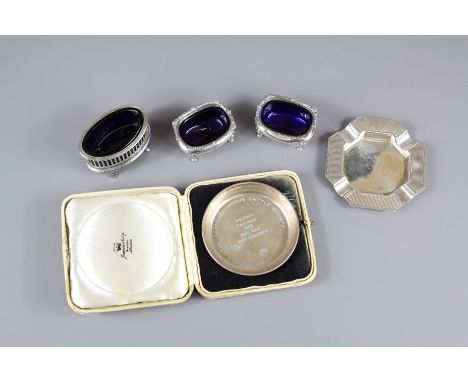 Miscellaneous Silver. This lot comprises a Scottish trinket dish awarded for the Calf Sale 1965, two silver salts with blue l