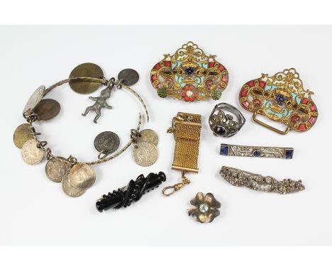 Miscellaneous Jewellery, including an multi-coloured enamel belt clasp, Art Deco blue and white stone brooch, Art Deco white 