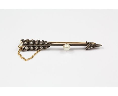 Antique 14 ct Gold Rose-Cut Diamond and Pearl Cupids Arrow Brooch. The brooch measures approx 60 mm, the pearl approx 4 mm, s