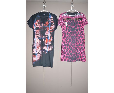 A 'Versus' Versace pink leopard print dress, zip and safety pin decoration to chest size 44; and a dress, by Alexander McQuee