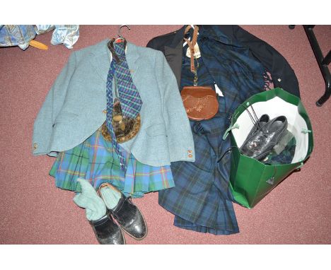 Scottish highland dress: comprising black jacket, black waistcoat, a tartan kilt, a tartan fly plaid and leather a sporran; t