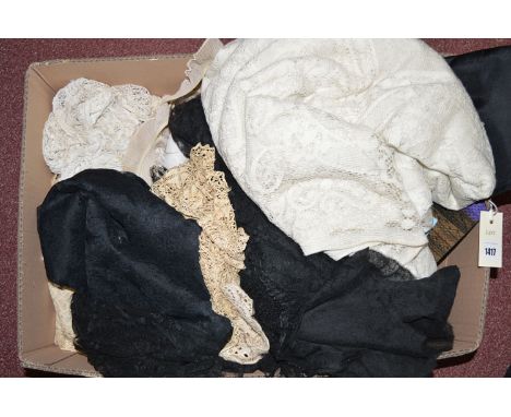 Assorted mostly machine-made lace work; table cloths; flounces.