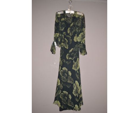 A 1930's black and green chiffon dress and bolero jacket, floral print, size small.