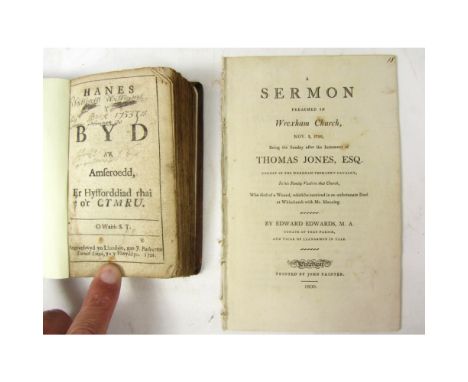 Wales, 2 items, comprising Thomas, Simon  Hanes y Byd a'r Amseroedd, er Hyfforddiad rhai o'r Cymru. Printed by J. Batly, 1721