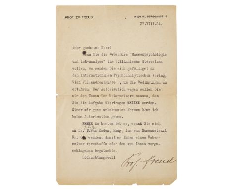 Freud, Sigmund  Typed letter signed ("Prof. Freud"), in German, to the Germanist Pieter Smink ("Sehr geehrter Herr"), about h