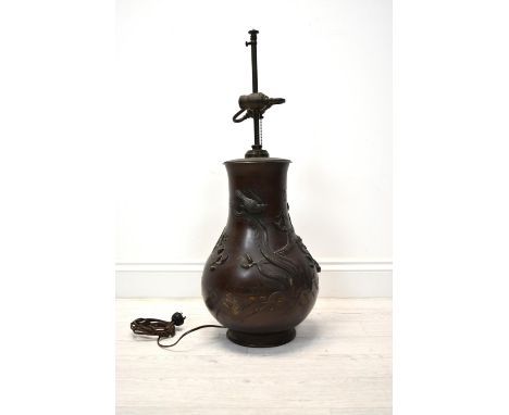 A Japanese Meiji period (1852-1912) bronze baluster vase cast with bird decoration (converted to a table lamp) H.73cm 