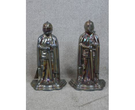 Two vintage cast iron knight form fireside companion sets. H.40 W.23 D.13cm 
