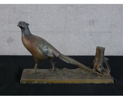 A late 19th/early 20th century Austrian cold painted bronze figure of a pheasant standing by the stump of a tree, raised on n