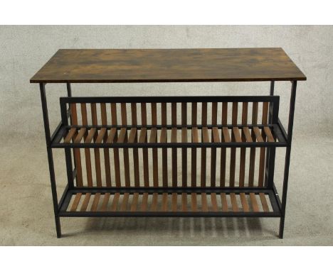 A contemporary metal framed and hardwood console table with slatted shelves below raised on square supports. H.84 W.120 D.60c
