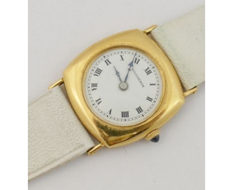 A Boucheron 1960's ladies yellow metal cased wrist watch, with sapphire set winder, the circular white face with Roman numera