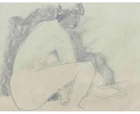 Hugo Dachinger (1908-1996 ), life model sketch of a woman seated on the floor leaning forward, pencil and charcoal on paper, 
