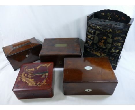 Three 19th century boxes comprised of a walnut sarcophagus-shaped tea caddy, a rosewood vanity box with brass handle, interio