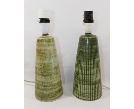 Two Rye Pottery green glazed table lamps, of tapering cylindrical form, with factory ink stamp to the bases, each 20cm (not i